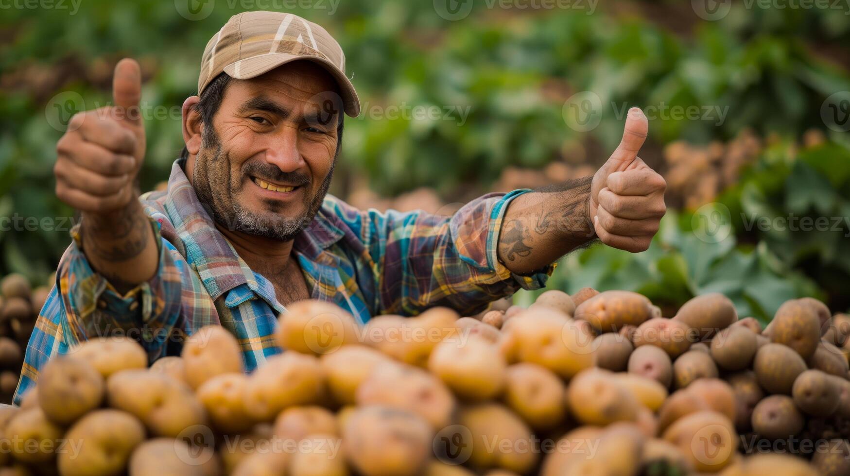 A modern farmer in a field of potatoes, doing a thumbs up. Generated by artificial intelligence. photo