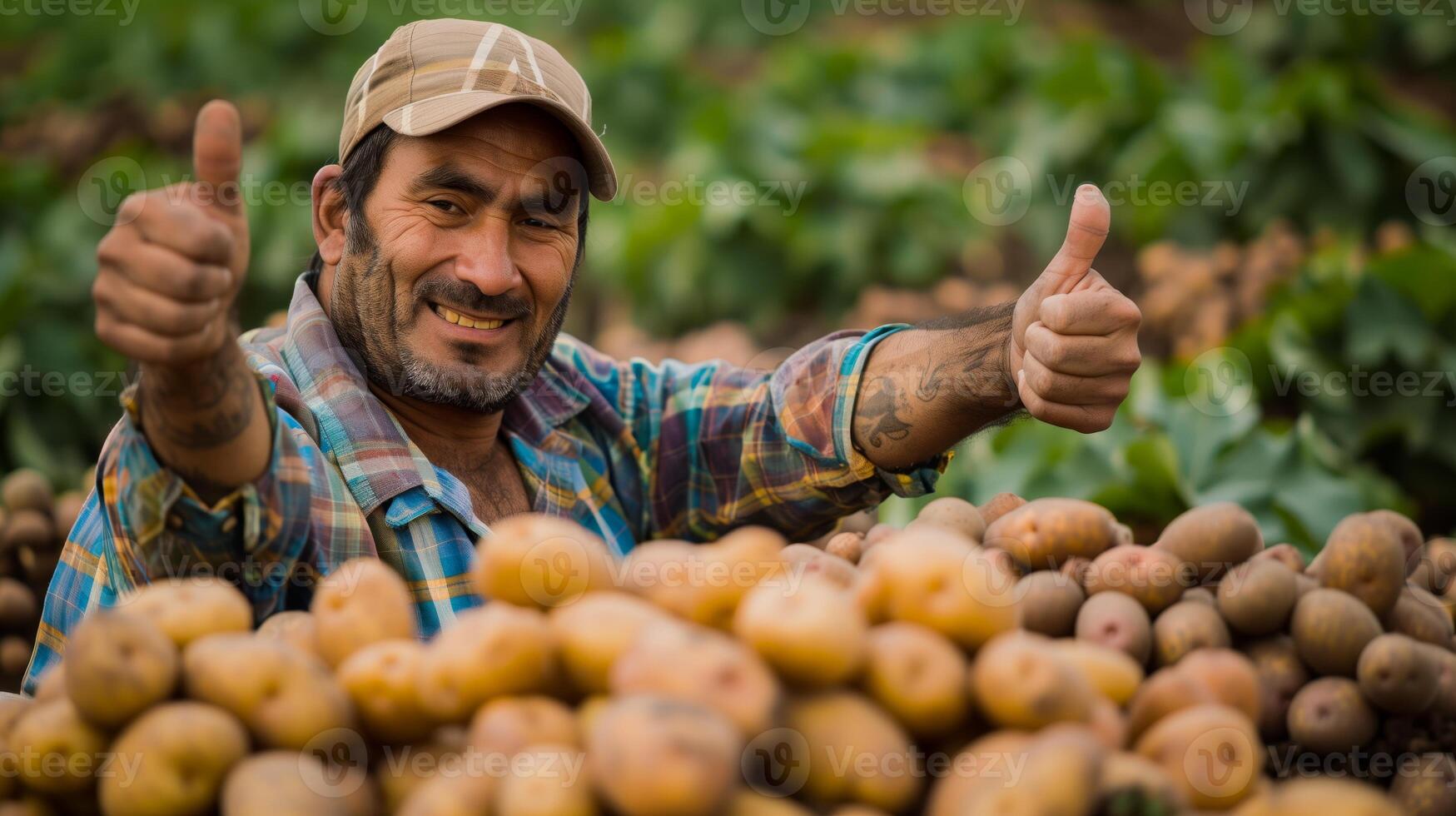 un moderno granjero en un campo de papas, haciendo un pulgares arriba. generado por artificial inteligencia. foto