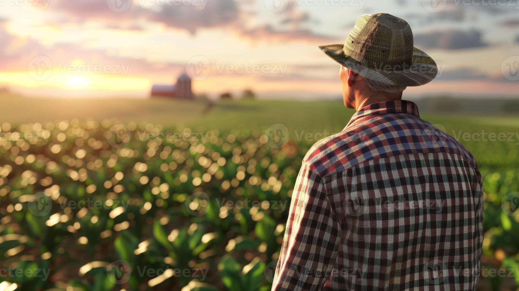 A farmer looking towards the crops. Field landscape from the back. Generated by artificial intelligence. photo