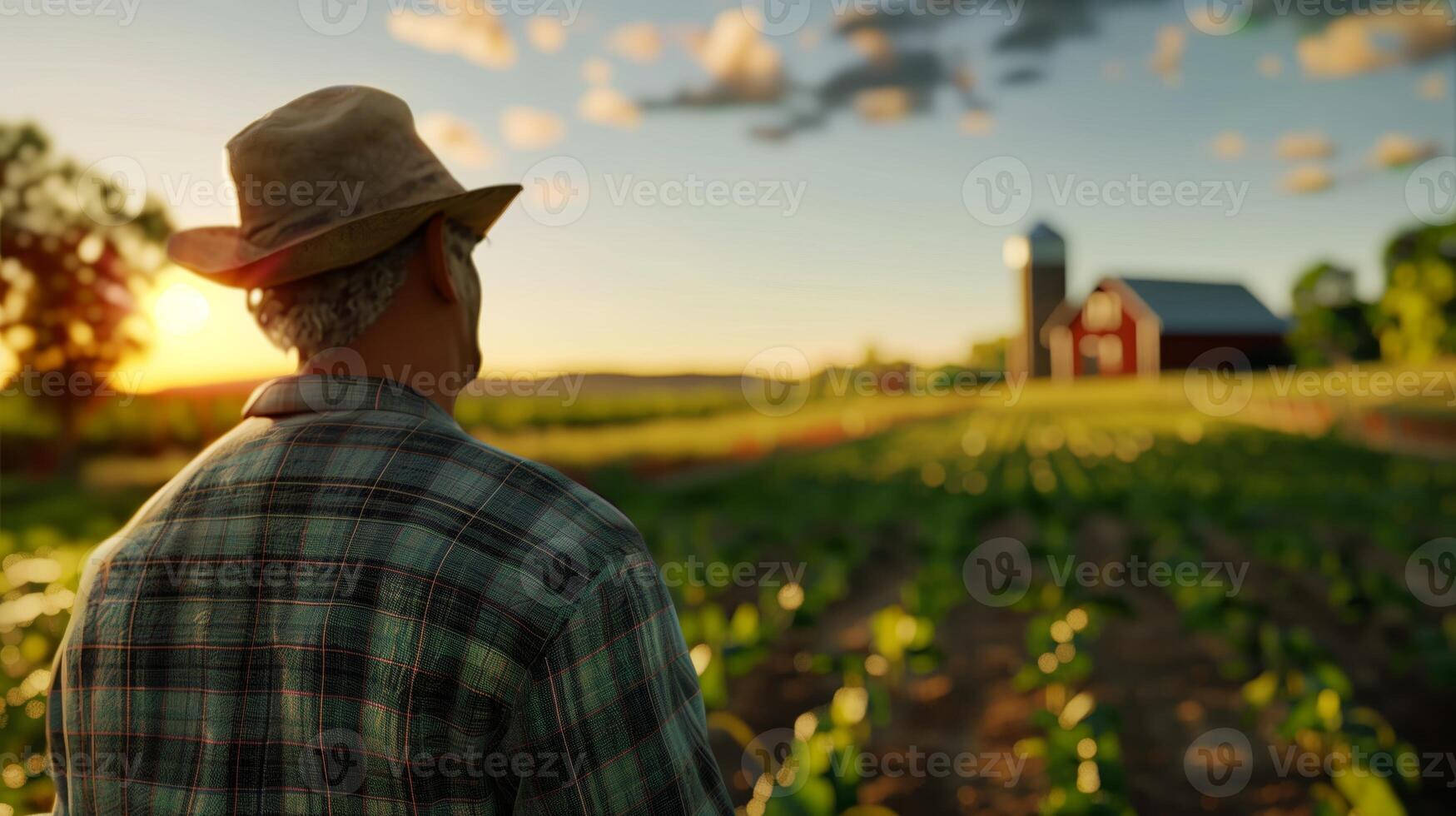 A farmer looking towards the crops. Field landscape from the back. Generated by artificial intelligence. photo