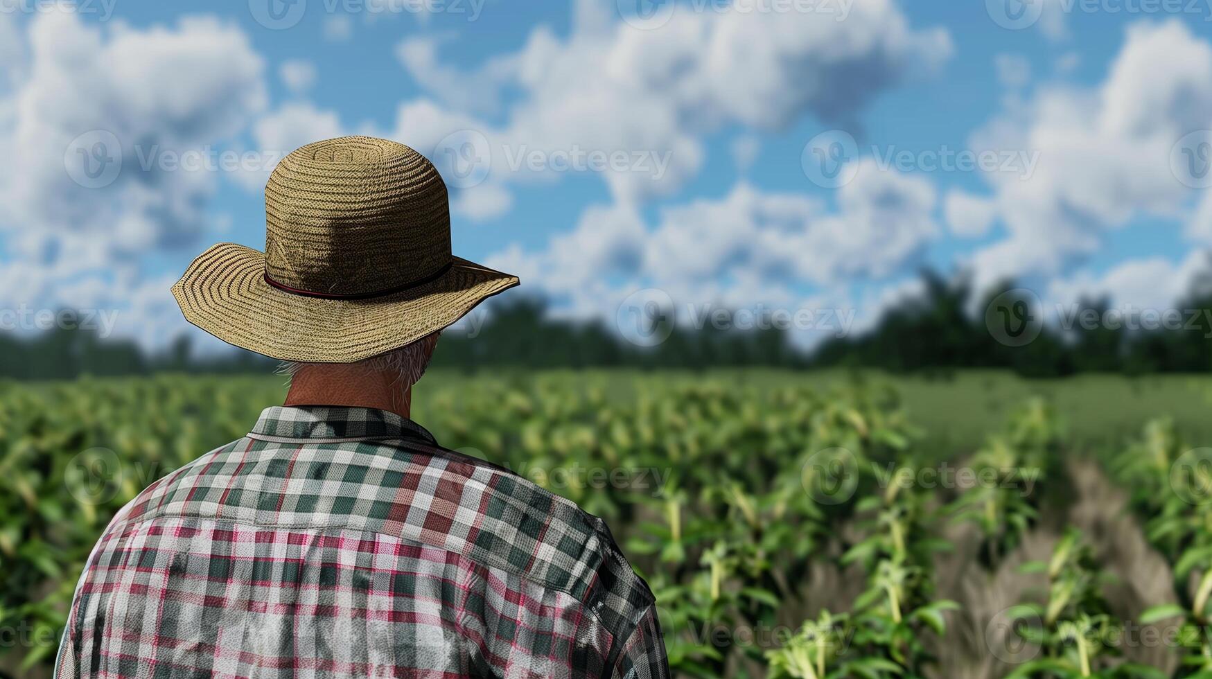 A farmer looking towards the crops. Field landscape from the back. Generated by artificial intelligence. photo