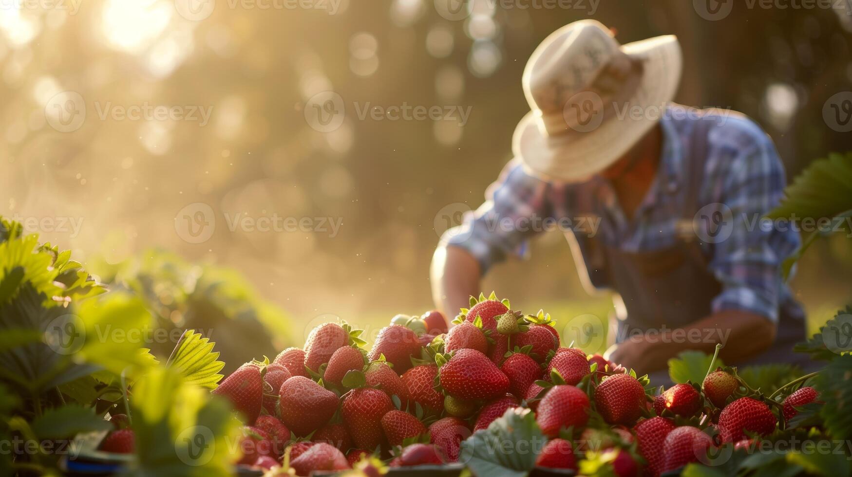 A young farmer inspecting a bushel of plump strawberries in a soft, diffused morning light. Generated by artificial intelligence. photo