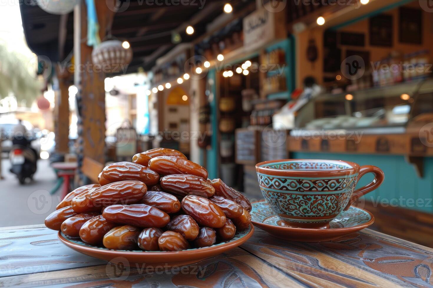 a cup tea and dates on plate for ramadan iftar style professional advertising food photography photo