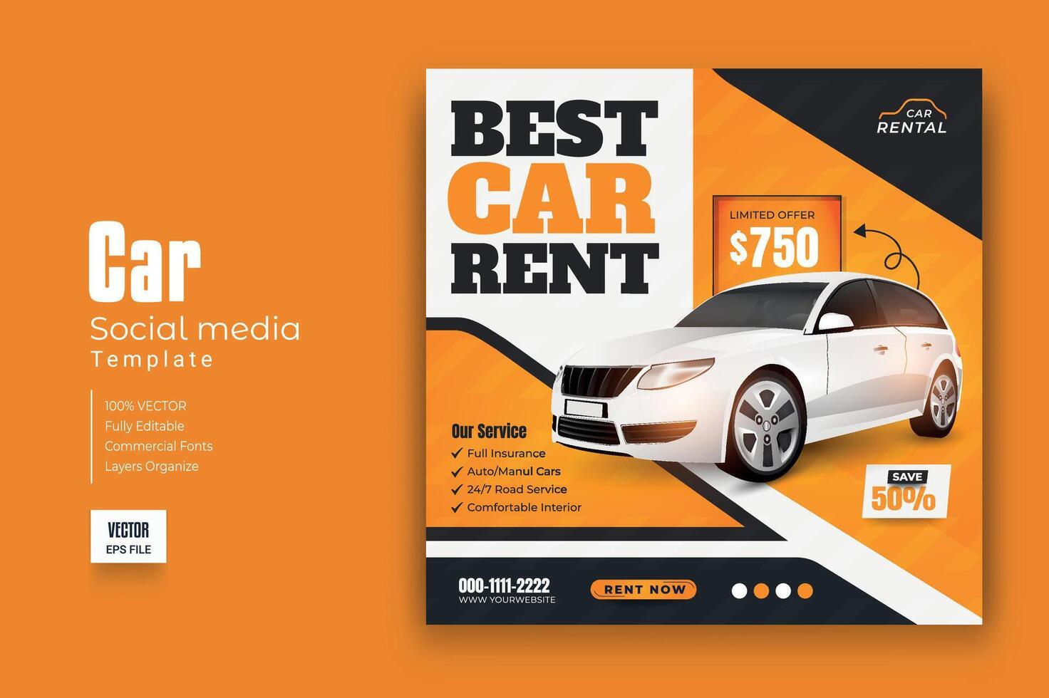 Set of editable square banner template. Car rental banner. Usable for social media, story and web internet ads. vector