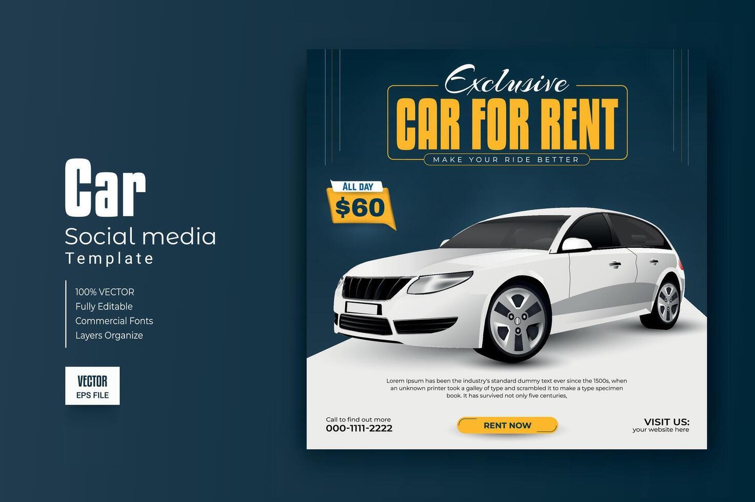 Set of editable square banner template. Car rental banner. Usable for social media, story and web internet ads. vector