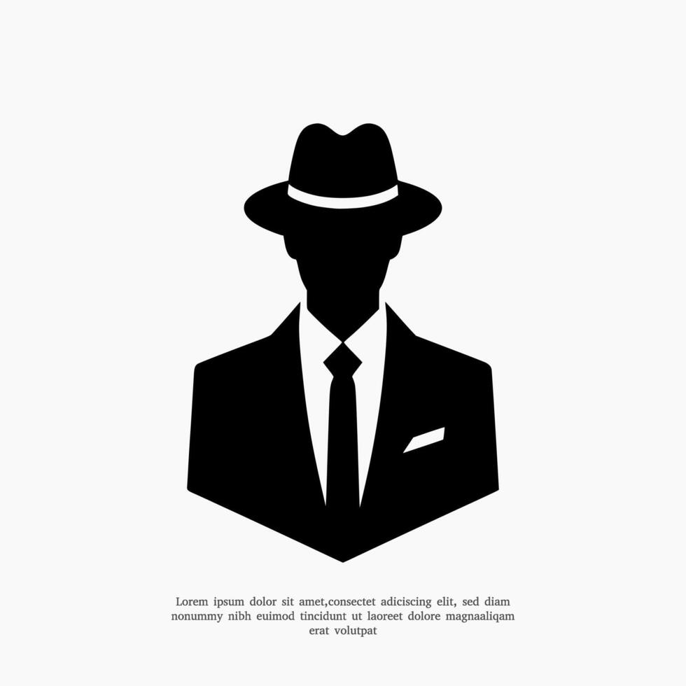 Close-up view of black hat logo with man in suit. vector