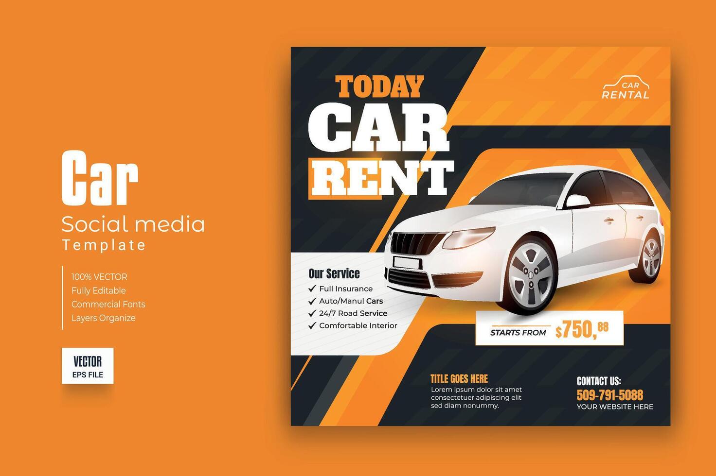 Set of editable square banner template. Car rental banner. Usable for social media, story and web internet ads. vector