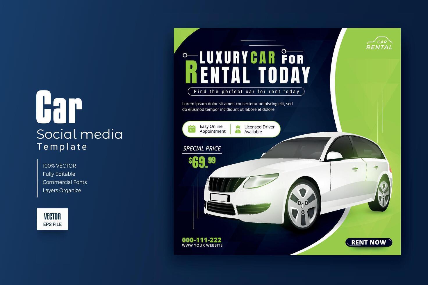 Set of editable square banner template. Car rental banner. Usable for social media, story and web internet ads. vector