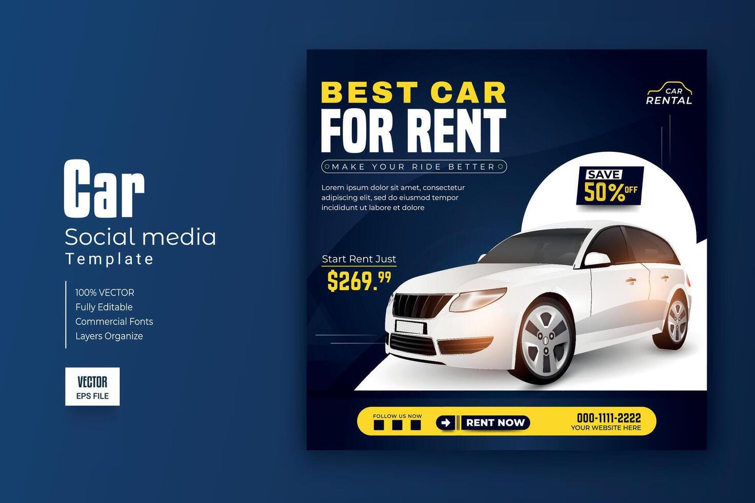 Set of editable square banner template. Car rental banner. Usable for social media, story and web internet ads. vector