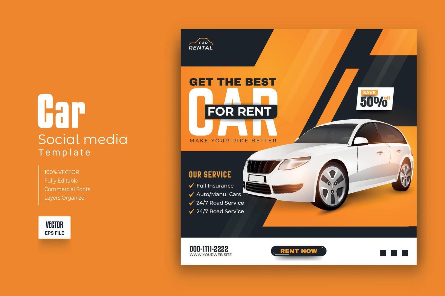 Set of editable square banner template. Car rental banner. Usable for social media, story and web internet ads. vector