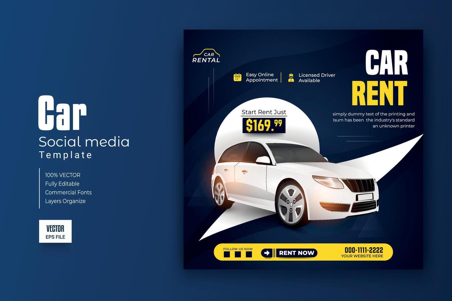 Set of editable square banner template. Car rental banner. Usable for social media, story and web internet ads. vector