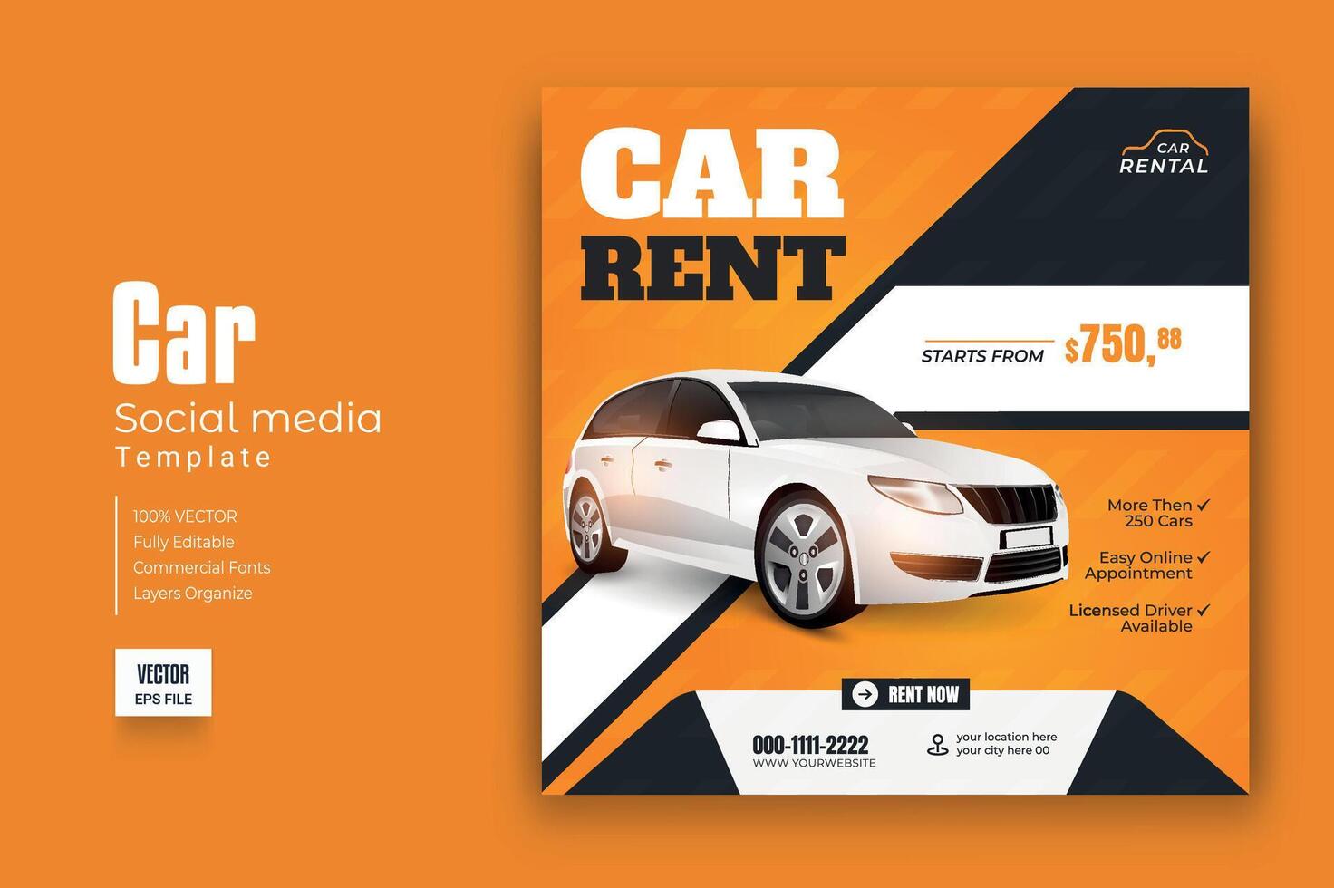 Set of editable square banner template. Car rental banner. Usable for social media, story and web internet ads. vector