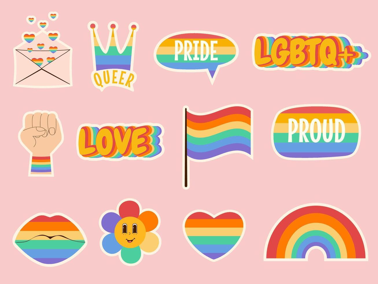 LGBTQ sticker set. Retro groovy pride month element in rainbow color collection vector