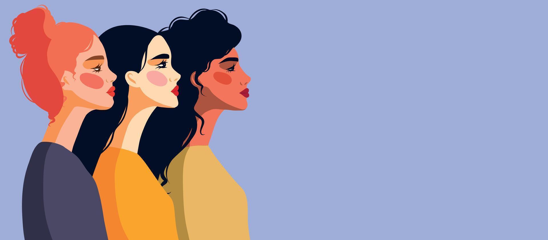 banner for International Women's Day, three women of different ethnic groups stand side by side on a gentle background. Concept movement gender equality and women's empowerment vector