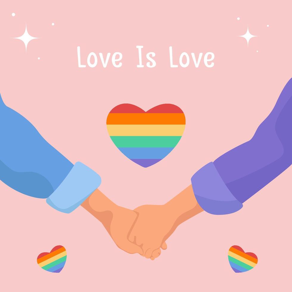 Lgbt pride month banner, card, social media post template with hand holding hand and rainbow color heart vector