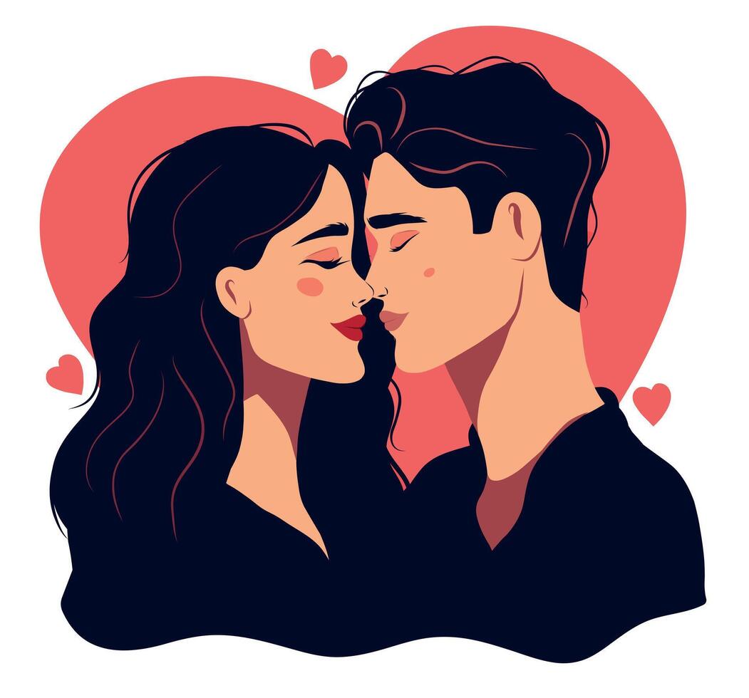 un Pareja en amar, un niña y un chico, personas celebrar San Valentín día en febrero 14 ilustración en plano estilo en un blanco antecedentes vector