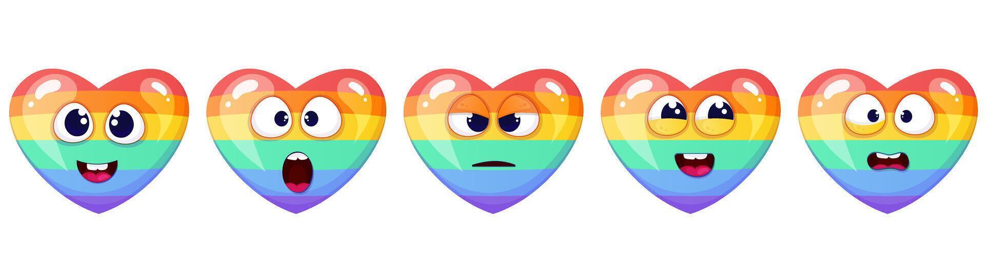 dibujos animados arco iris corazón personaje con diferente emociones lgbtq comunidad elemento vector