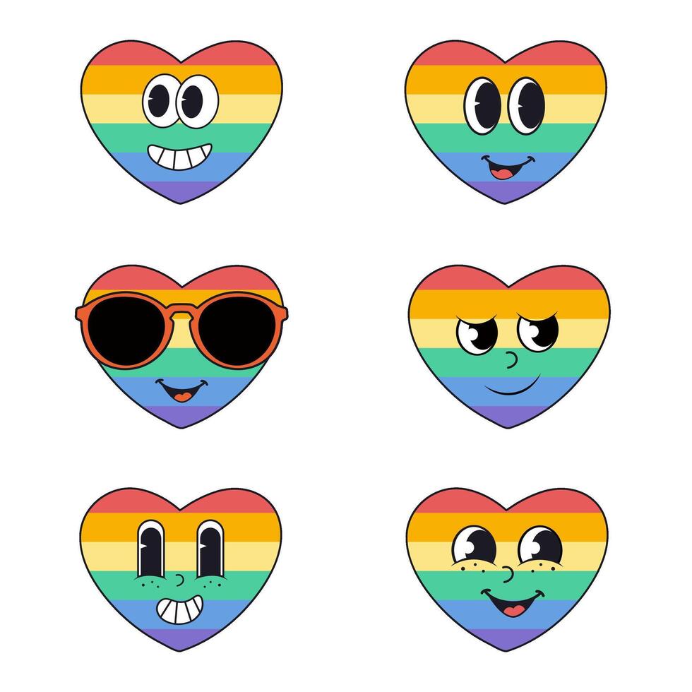 Retro groovy rainbow heart sticker pack. Lgbtq community pride symbol vector