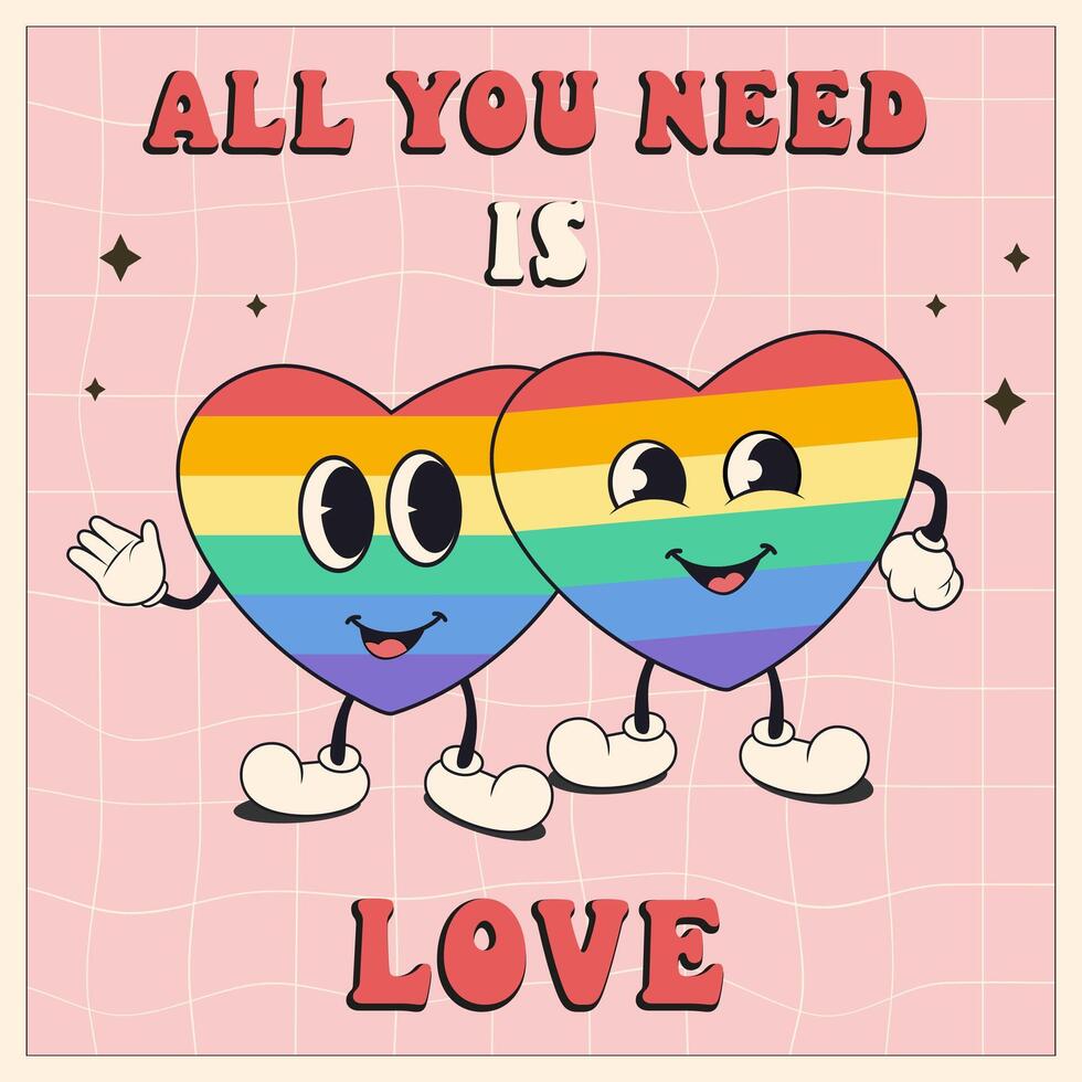 Lgbtq pride month retro groovy poster, social media post template with rainbow heart vector