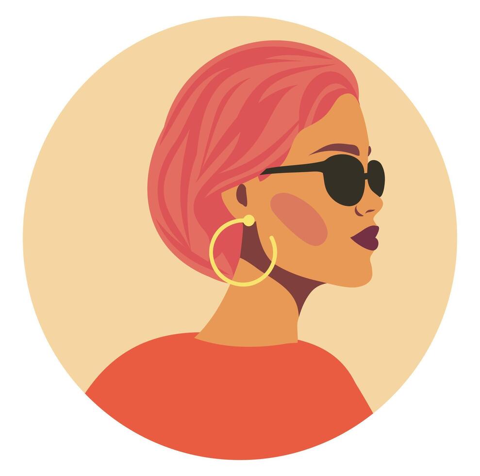 brillante avatar retrato de un mujer niña con lentes rosado cabello, feminismo, concepto de el movimiento para género igualdad y proteccion de De las mujeres derechos vector