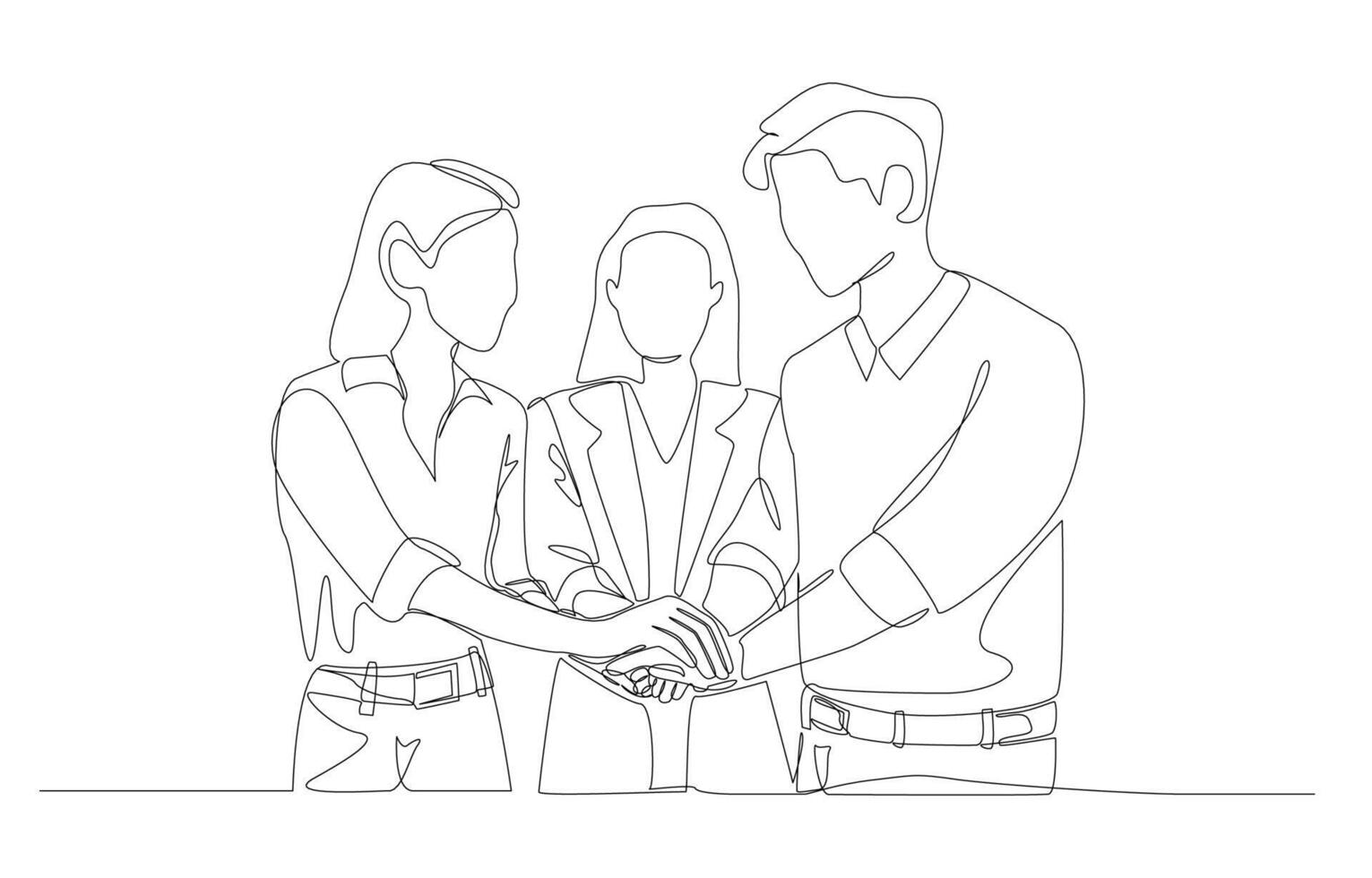 Continuous one line drawing of coworkers unite hands, business teamwork or cooperation concept, single line art. vector