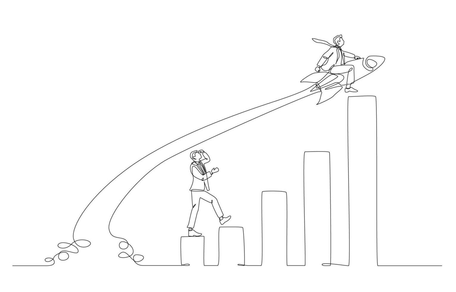 Continuous one line drawing of businessman riding rocket overtake competitor on chart, business competition concept, single line art. vector