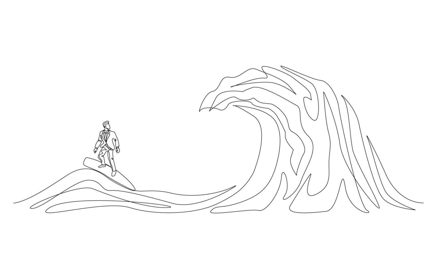 Continuous one line drawing of businessman surfing big oceanic wave, business challenge or overcoming difficulty at work concept, single line art. vector