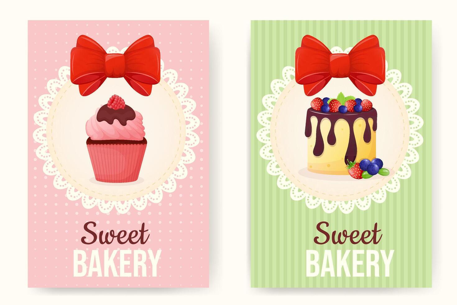 Sweet bakery banner , cart, poster with cupcake, cake decoration with red bow vector