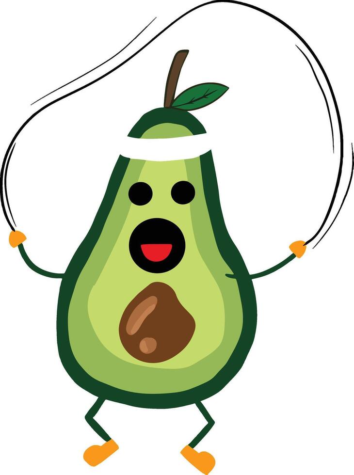 mano dibujado ilustración, un gracioso aguacate dibujos animados personaje haciendo ejercicios con peso levantamiento. Perfecto para comida logo, camiseta, gracioso personaje caja de cartón, icono vector