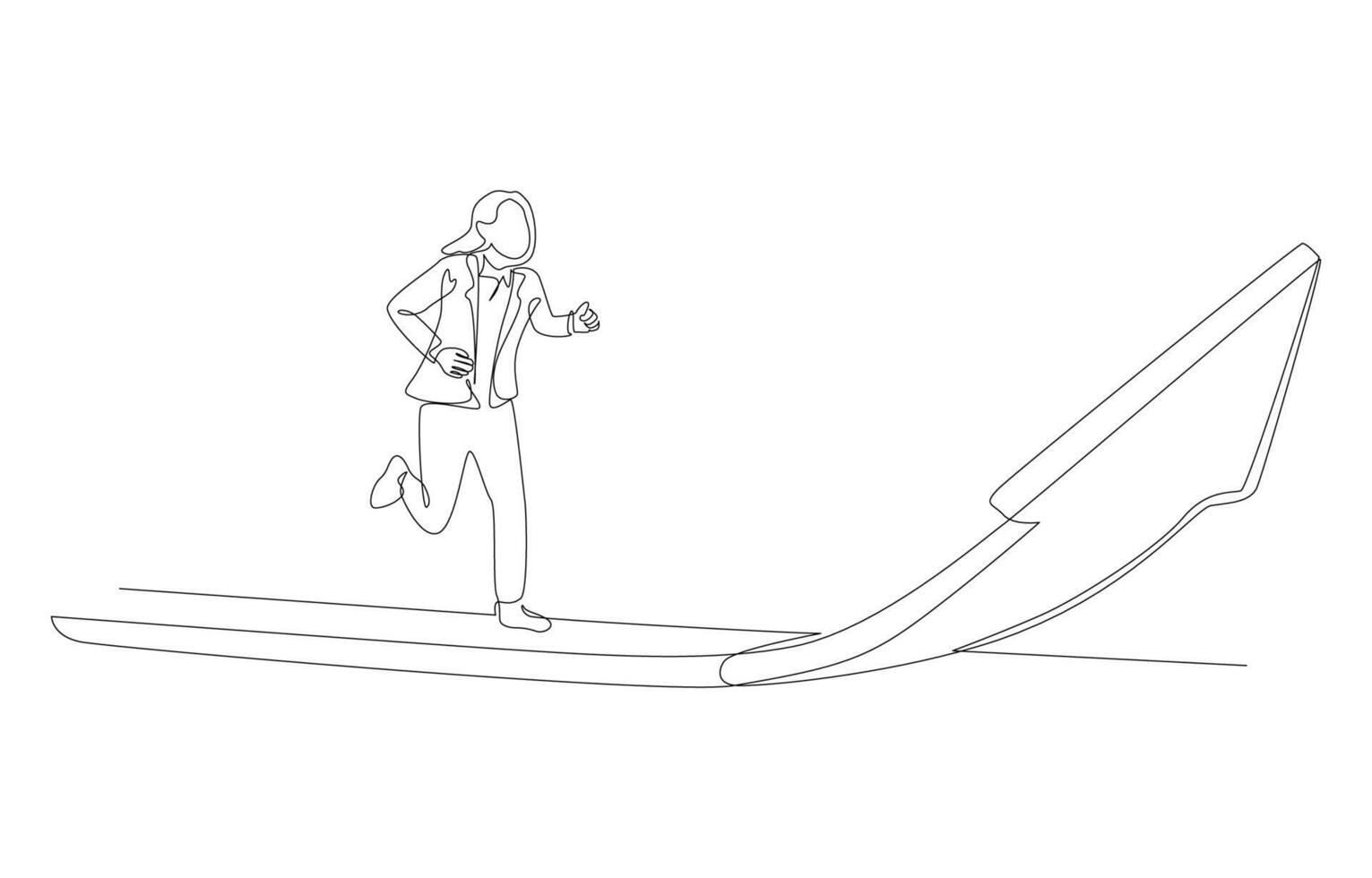 Continuous one line drawing of businesswoman running along rising arrow, career growth or business progress concept, single line art. vector