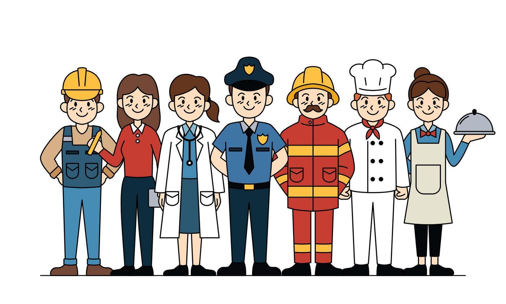 A group of people in various work uniforms, including a police officer. vector