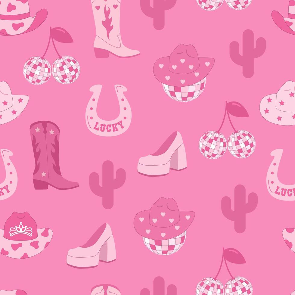 Cowboy party. Disco ball and shoes. Lucky. Seamless pattern. Y2K pink core. vector
