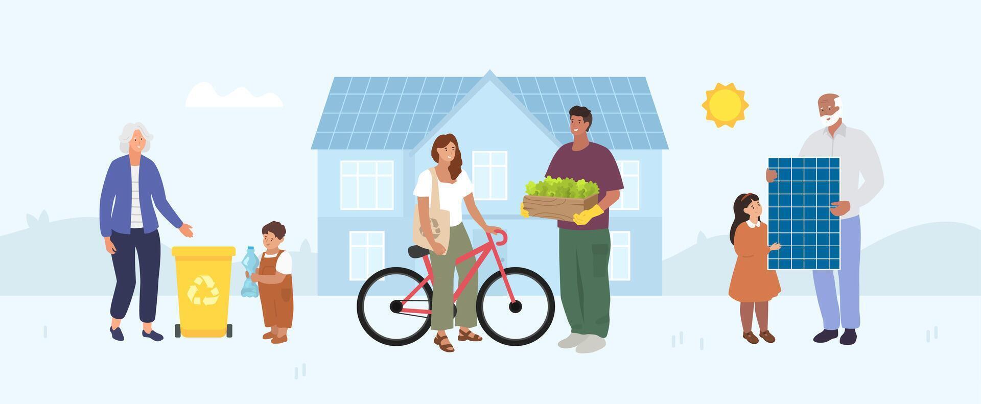 abuelo y un niña instalando solar panel. papá crece propio ensalada y mamá usos un bicicleta. vector