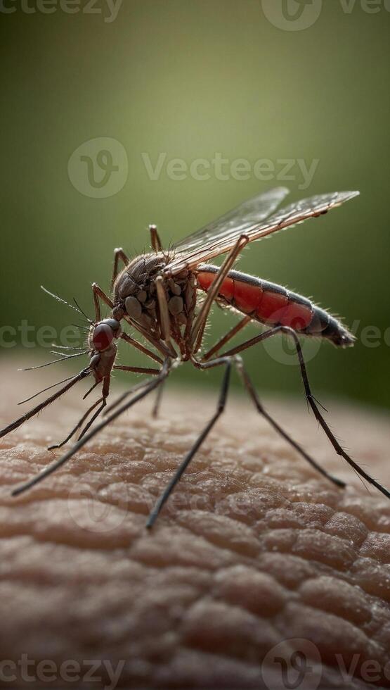 Close up view of a mosquito on human skin showing the insect's long proboscis inserted into the skin to feed on blood photo