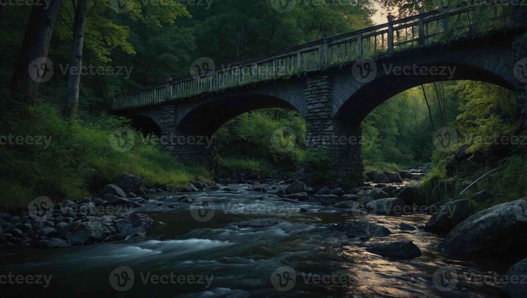 Large bridge arches over the river with crystal clear water in the dense green forest photo