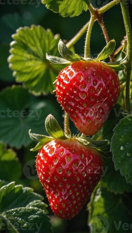 Close up view of ripe juicy strawberries hanging on a branch photo