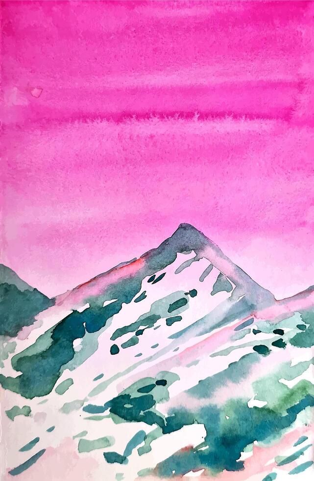 Watercolor mountains landscape background pink sunset stylized paint hand drawn vector