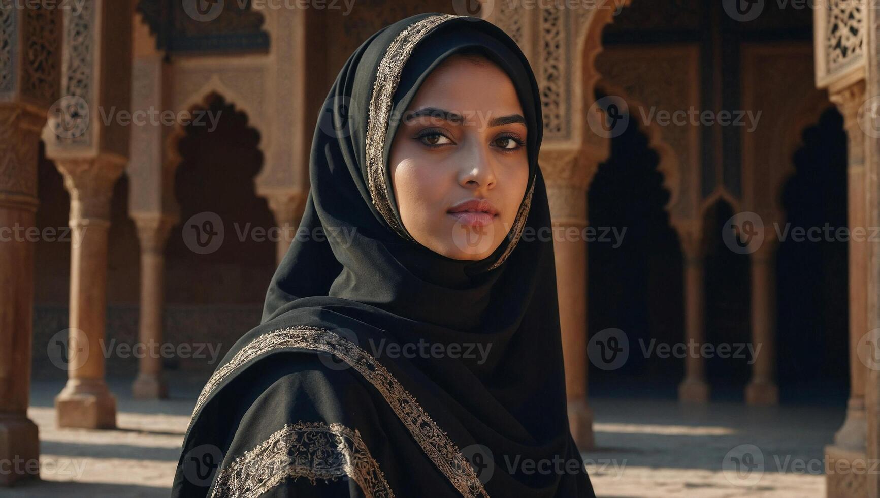 Beautiful arabic girl in traditional black dress with hijab photo