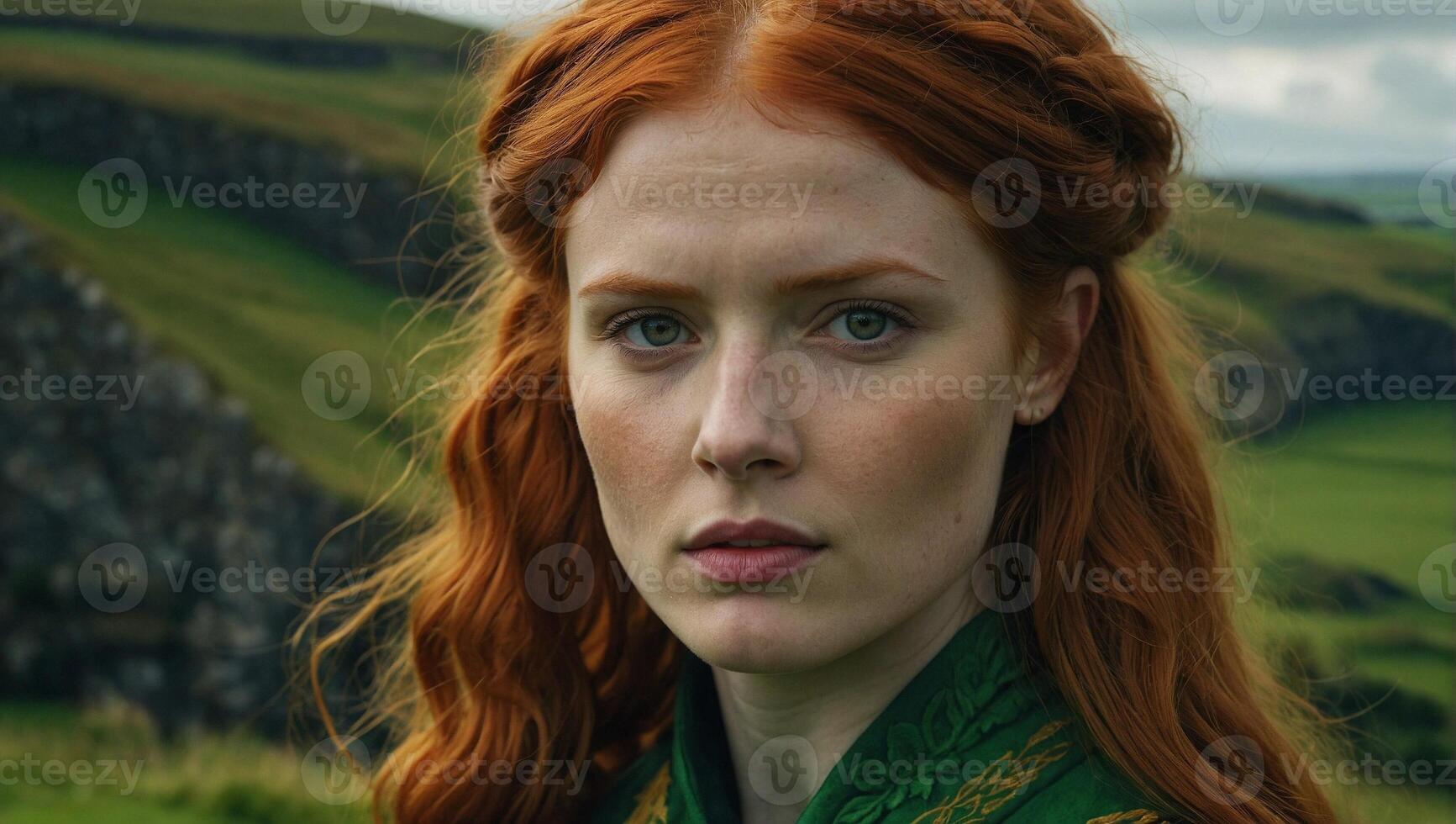 Young beautiful woman of Irish descent with fiery red hair wearing an ancient traditional Irish dress stands amidst the picturesque nature of Ireland photo