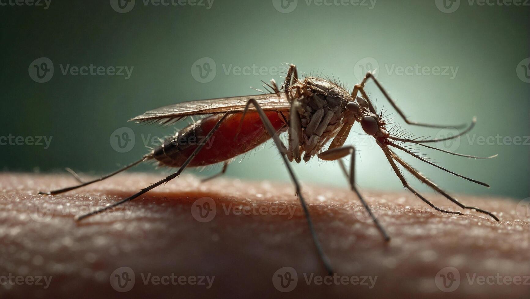 Close up view of a mosquito on human skin showing the insect's long proboscis inserted into the skin to feed on blood photo