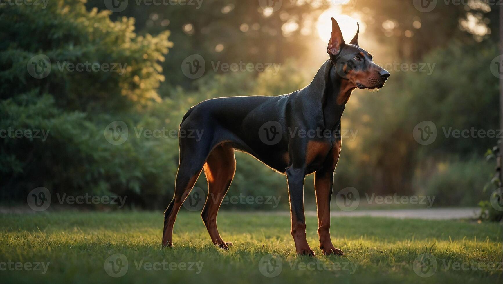 Doberman dog standing in a serene park with lush trees and a setting sun photo