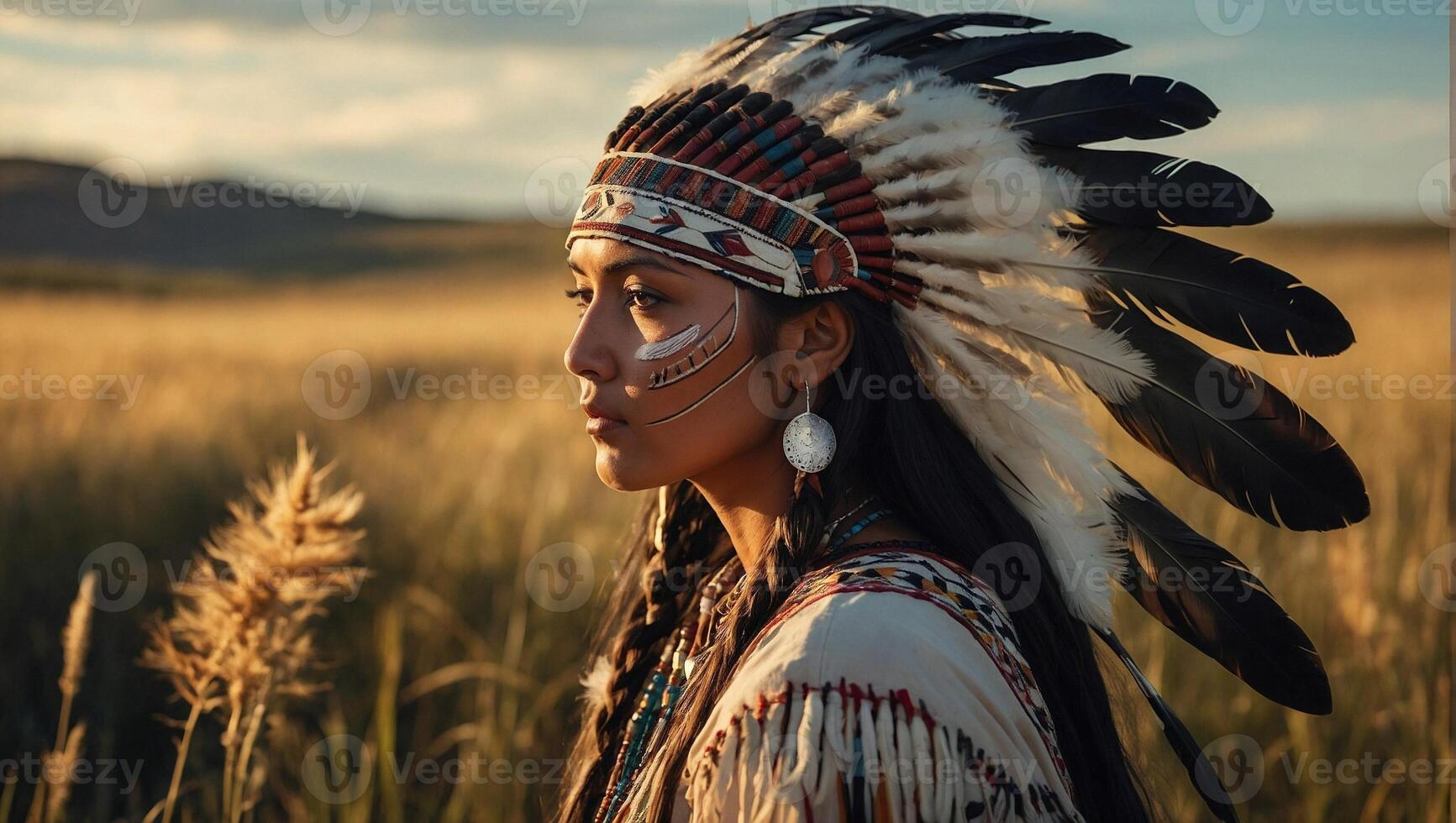 Native american girl in traditional dress decorative headband with feathers detailed face paint standing in a serene prairie surrounded by tall grass and wildflowers photo