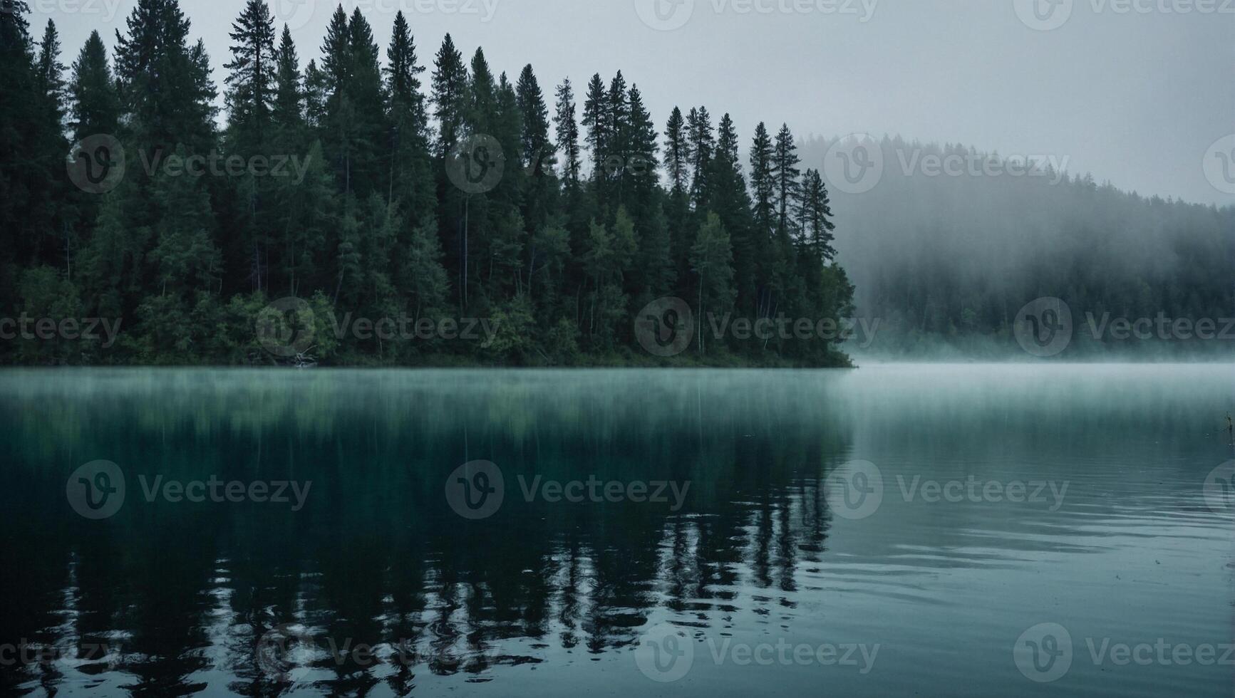 Crystal clear lake enveloped in fog surrounded by towering trees that reach up towards the sky photo