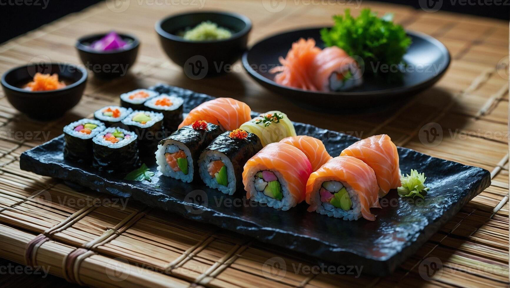 Platter filled with gourmet sushi rolls with different fresh seafood ingredients photo