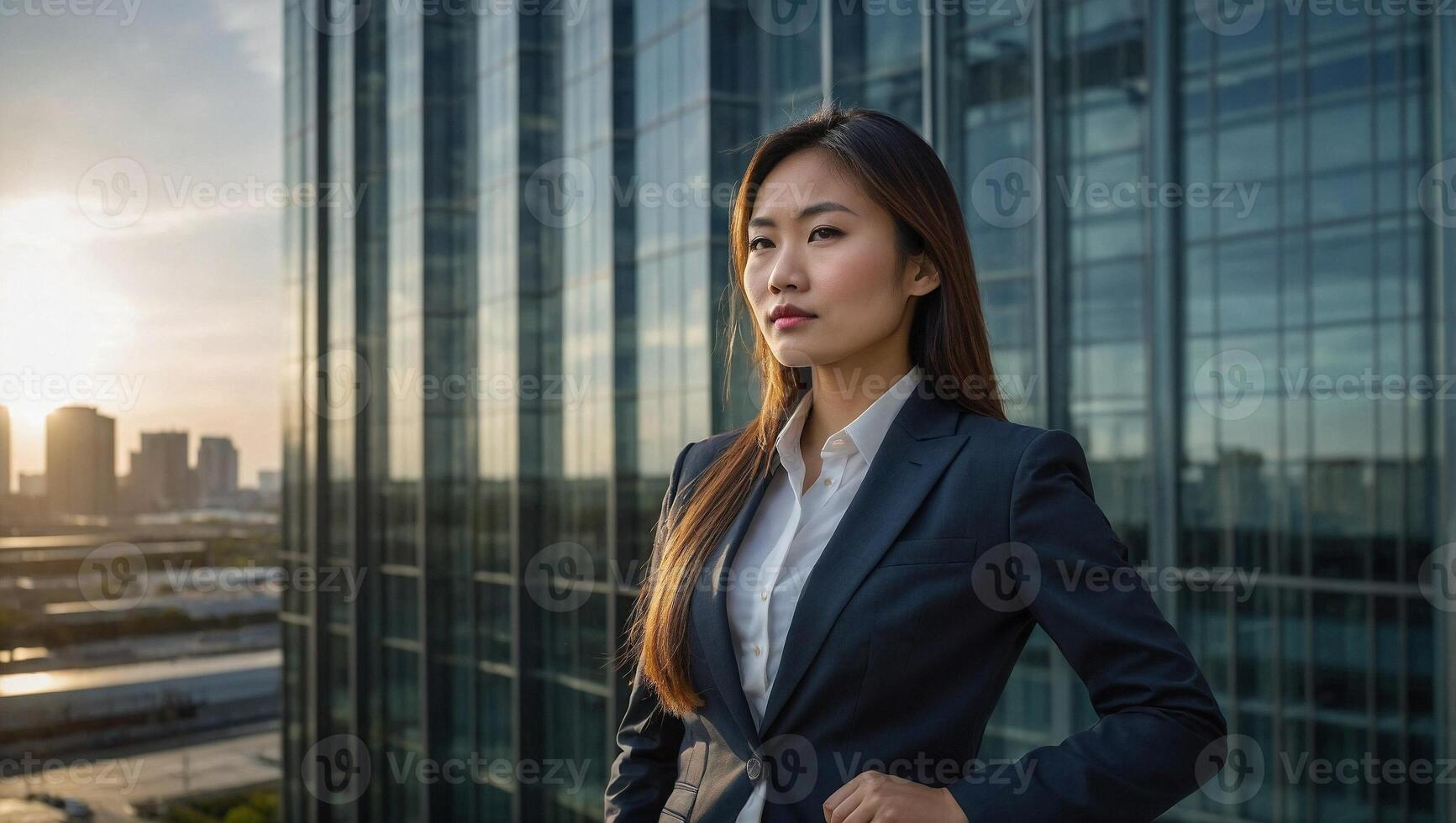 Asian woman in a business suit stands adjacent to an expansive business center with towering glass walls photo