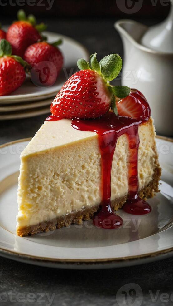 Delicious slice of cheesecake topped with ripe red strawberries photo