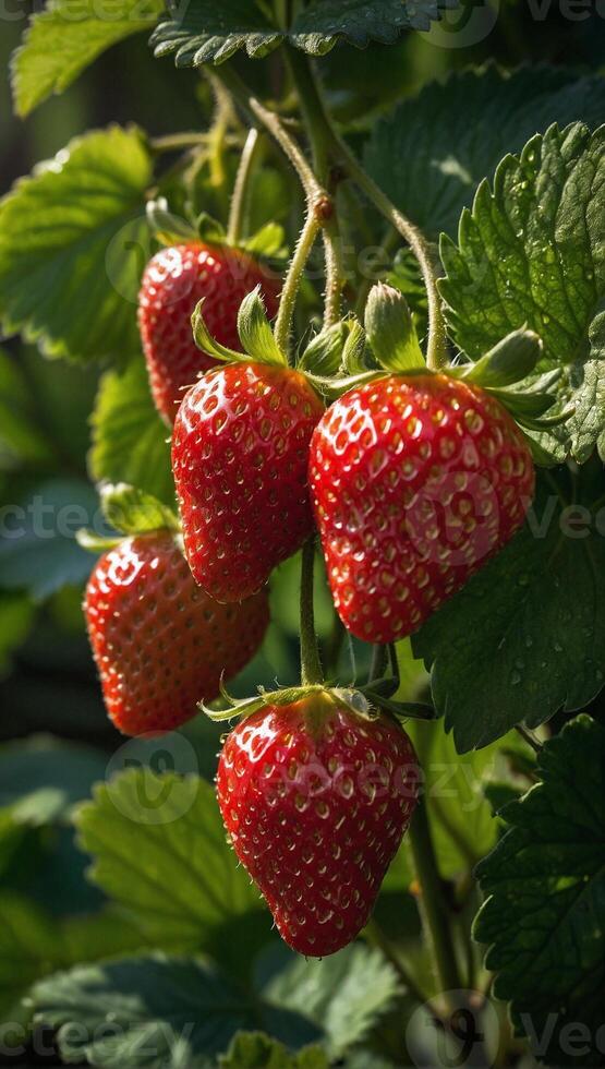 Close up view of ripe juicy strawberries hanging on a branch photo