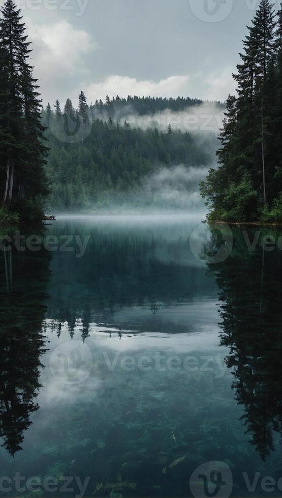 Crystal clear lake enveloped in fog surrounded by towering trees that reach up towards the sky photo