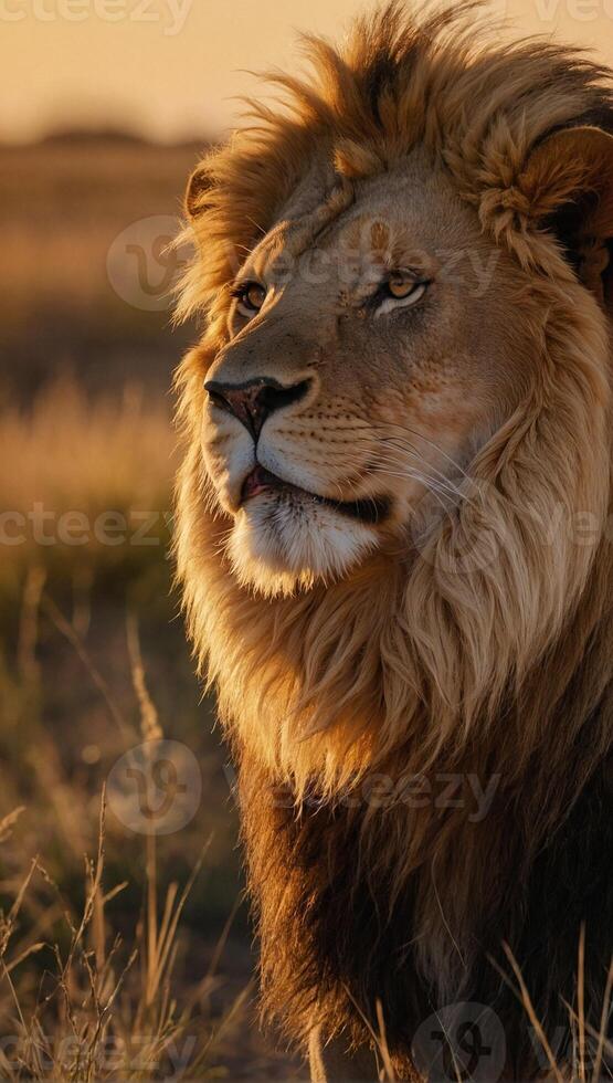 cerca arriba ver de un majestuoso masculino león bañado en el calentar resplandor de un ajuste Dom en el vasto africano sabana foto