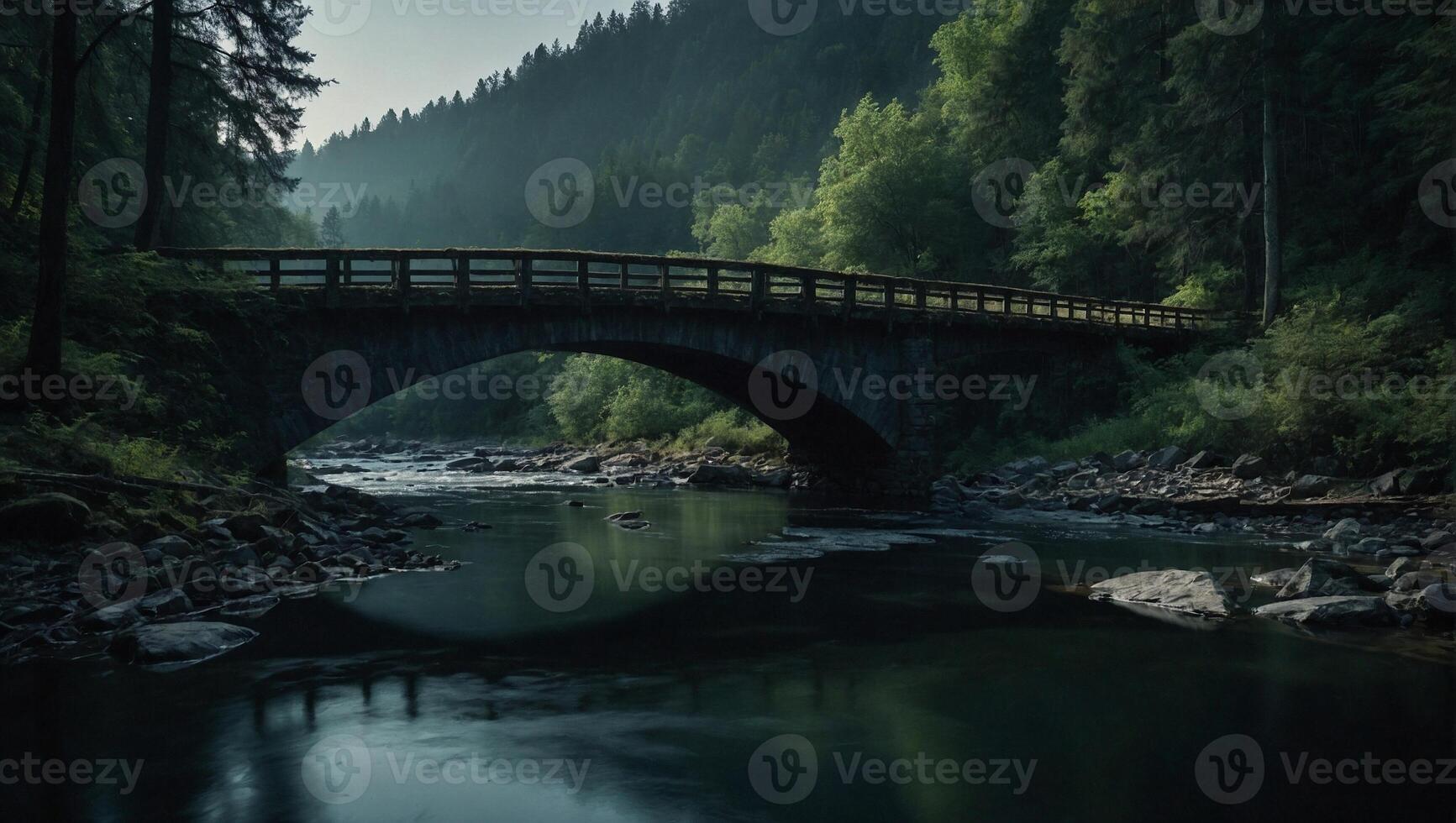 Large bridge arches over the river with crystal clear water in the dense green forest photo